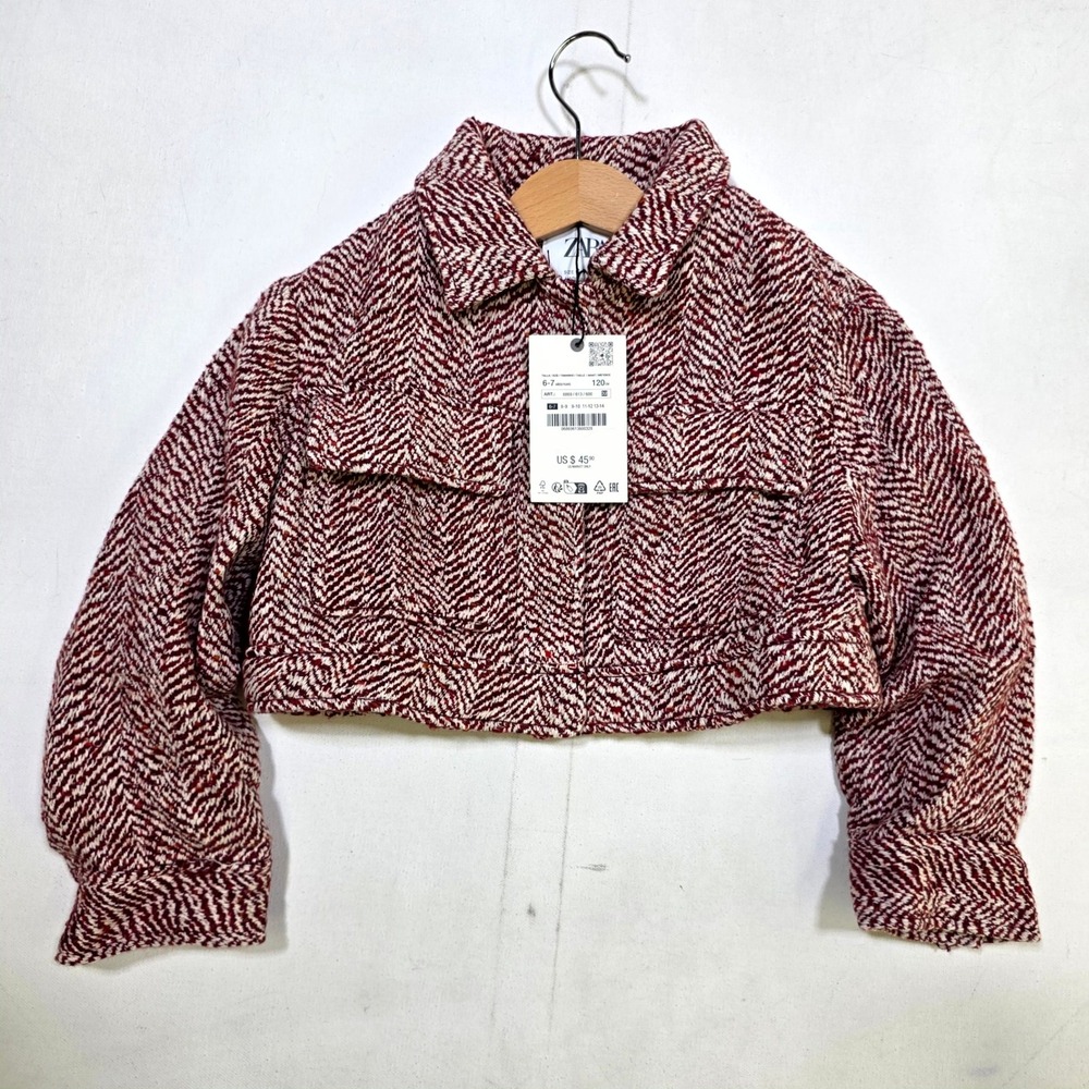 Zara Cropped Jacket Girls 6-7 Burgundy Herringbone Tweed Textured Coat 6869/613